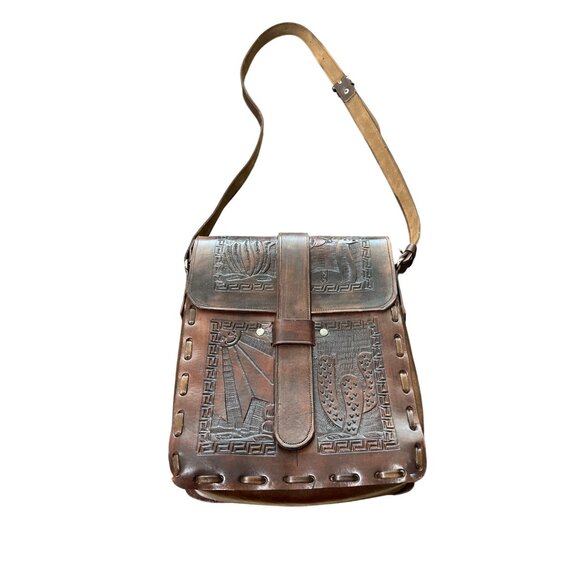 Vintage Tooled Leather Crossbody Bag Handcrafted Embossed Brown Peru Landscape - Picture 8 of 8